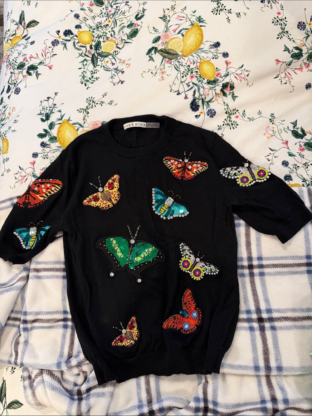 Alice + Olivia Black Short Sleeve Knit Sweater with Multicolor Butterfly Accents